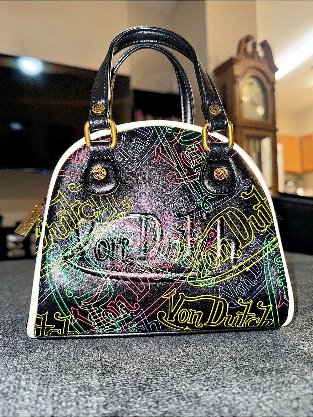 Von Dutch Neon Multi-Logo Bowling Bag Satchel Black & Multicolor